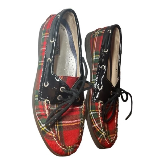Sperry Women's Red Multi Plaid Tartan Boat Shoes Black Patent Leather 7.5M - Picture 8 of 10